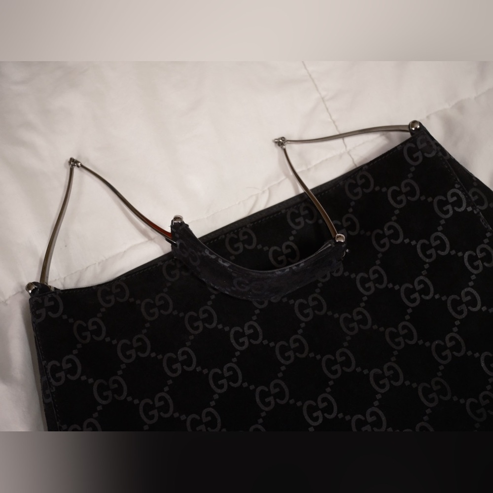 RARE Vintage Gucci Black Suede Monogram Metal Horsebit Strap Hobo Bag - Picture 11 of 17